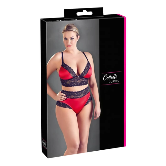 Cottelli Plus Size - csipke-szatén melltartó szett (fekete-piros)