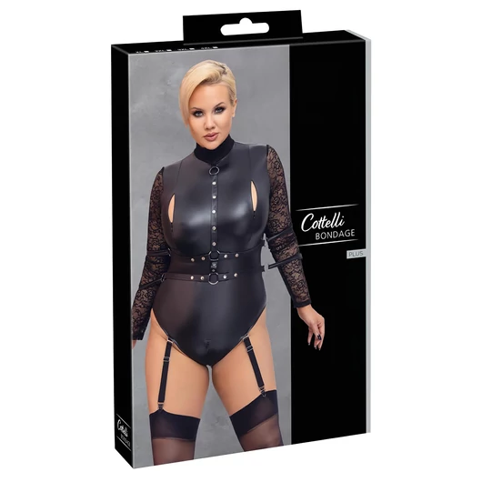 Cottelli Bondage Plus Size - csipkésujjú body (fekete)