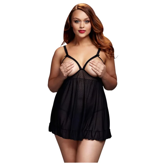 BACI Plus Size - nyitott, pöttyös babydoll - fekete (XL-XXL)